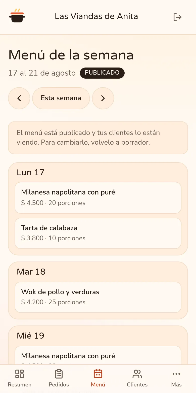 El panel de Viandita con el menú de la semana publicado: cada día con sus platos, su precio y sus porciones.